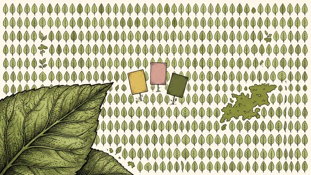Campo de folhas pequenas e iguais em fileiras, com três cartões tortos, amarelo, rosa e verde, plantados no meio e uma folha gigante cortada no canto