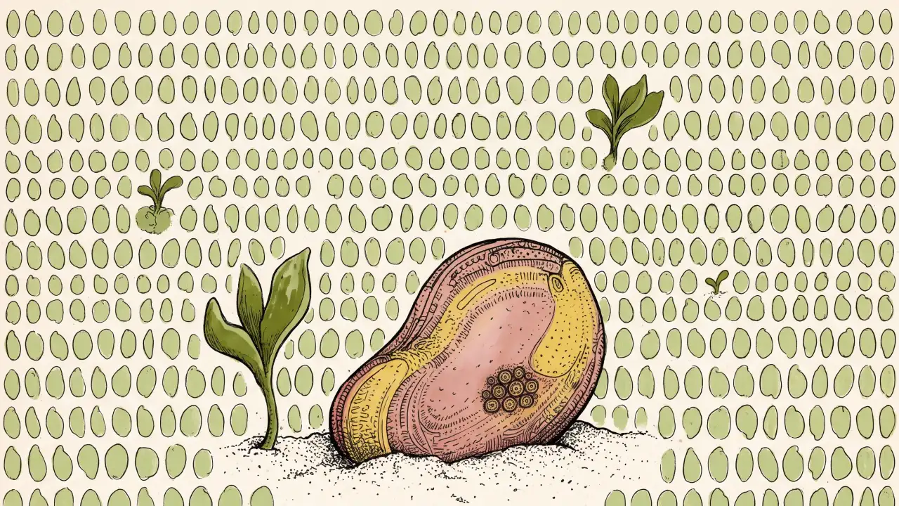 Campo ordenado de sementes pequenas e iguais e, no centro, uma semente enorme, rosa e amarela, de formato próprio, com círculos pequenos arranjados como rodas